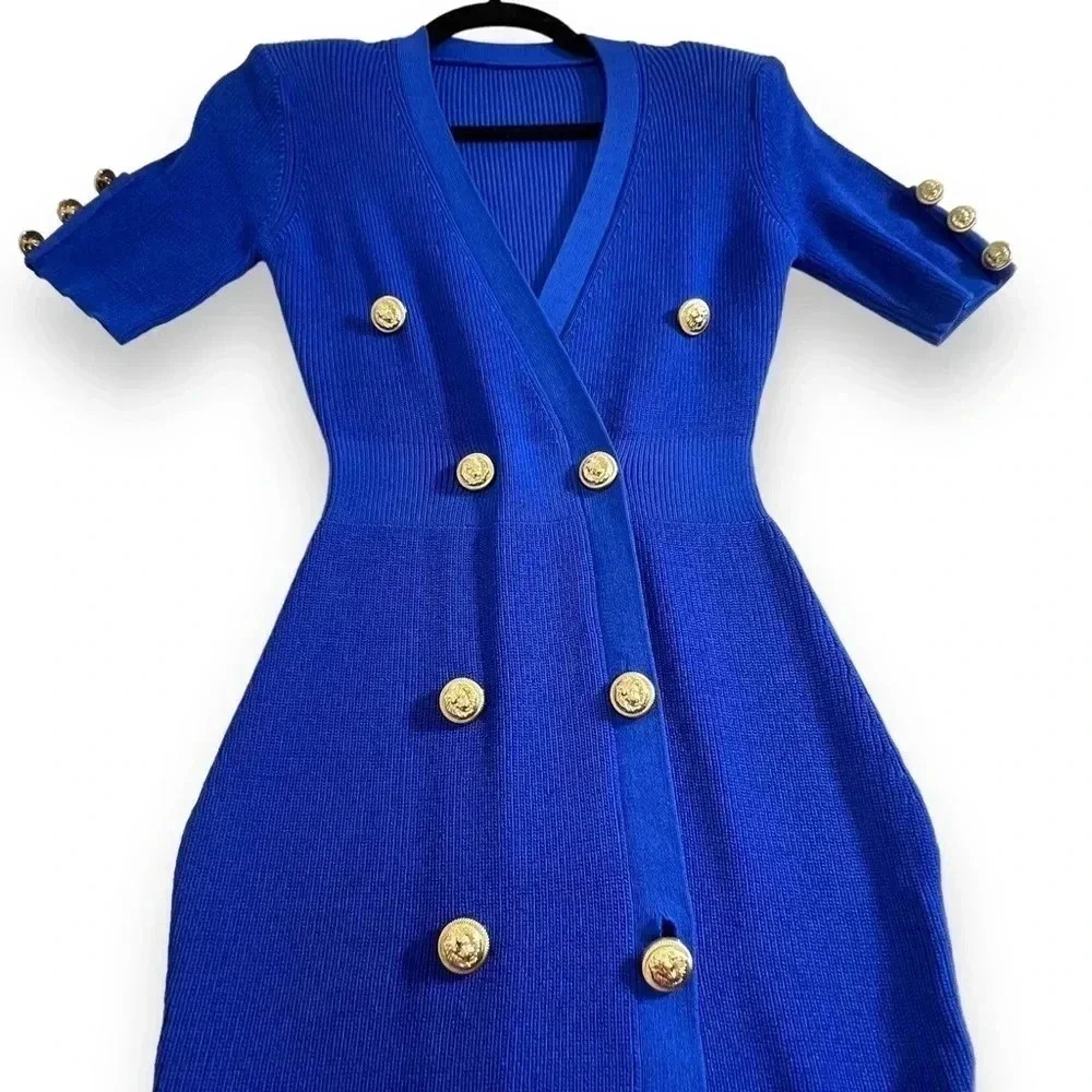 Vanity Couture Marishka Deep V Button Up Knit Dress Royal Blue Gold Buttons - Picture 7 of 14